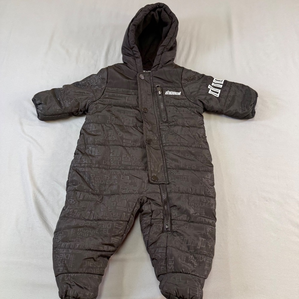 Diesel Baby Puffer Snowsuit Charcoal Grey Logo Print Fleece Lined 3-6M‎